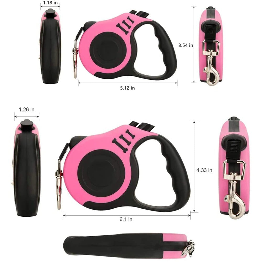 Wefulfil Retractable Dog Leash pink and black multiple angle views ergonomic handle metal clasp
