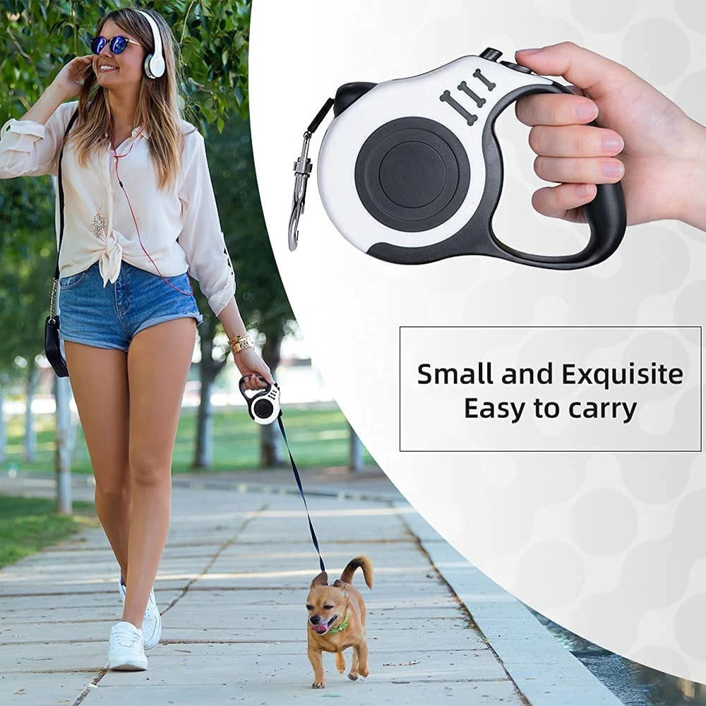 Wefulfil Retractable Dog Leash in white and black handheld, woman walking small dog on park path