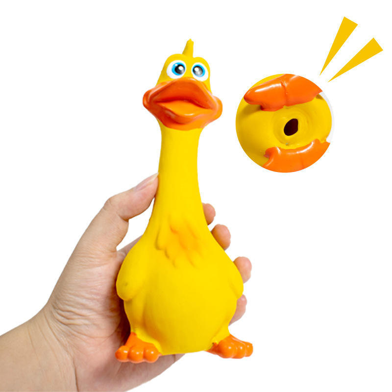 Wefulfil screaming chicken dog toys yellow rubber squeaky chicken with visible squeaker hole held in hand