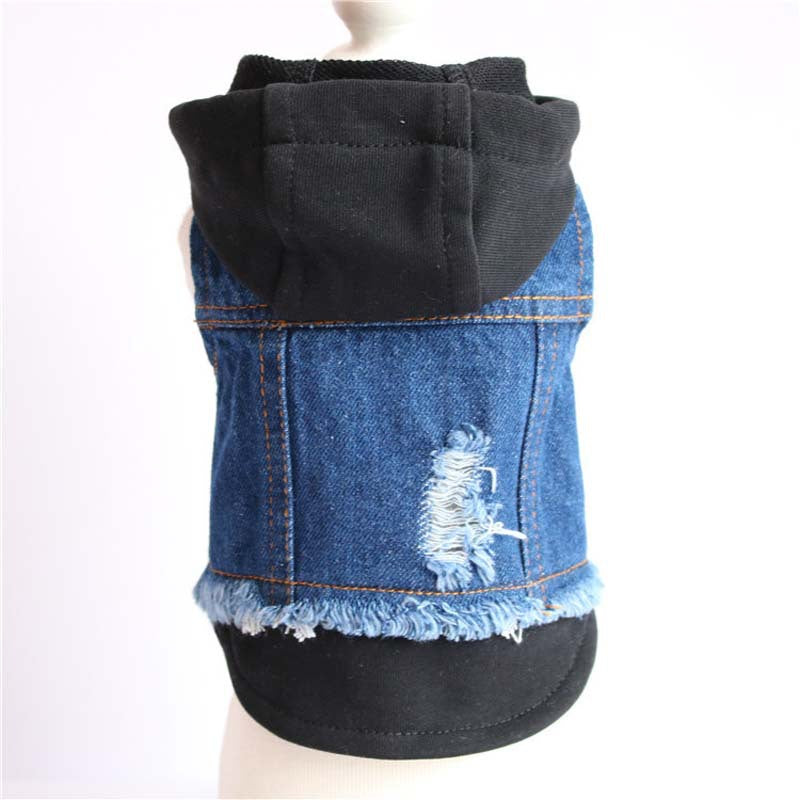 Dropshipman denim dog hooded vest back view distressed blue denim with black hood and frayed hem