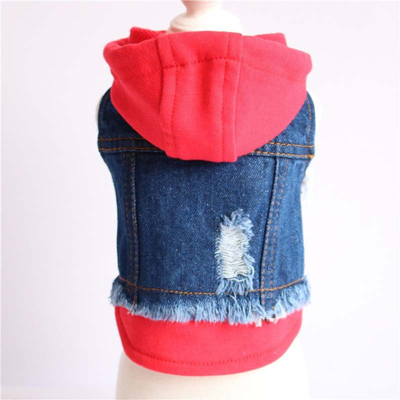Dropshipman denim dog hooded vest blue distressed denim with red hood and frayed hem back view on mannequin
