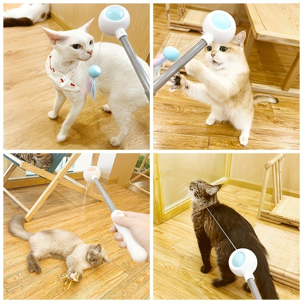 Wefulfil retractable cat wand toy with blue ball and feathers shown in collage of cats playing