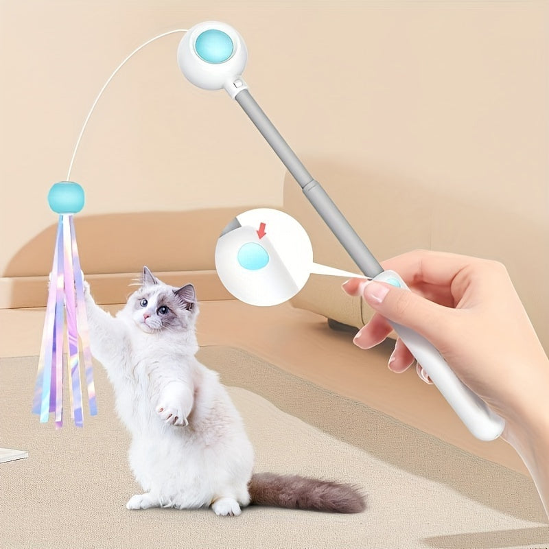 Wefulfil retractable cat wand toy telescoping handle with iridescent ribbon tassel held by hand as cat plays