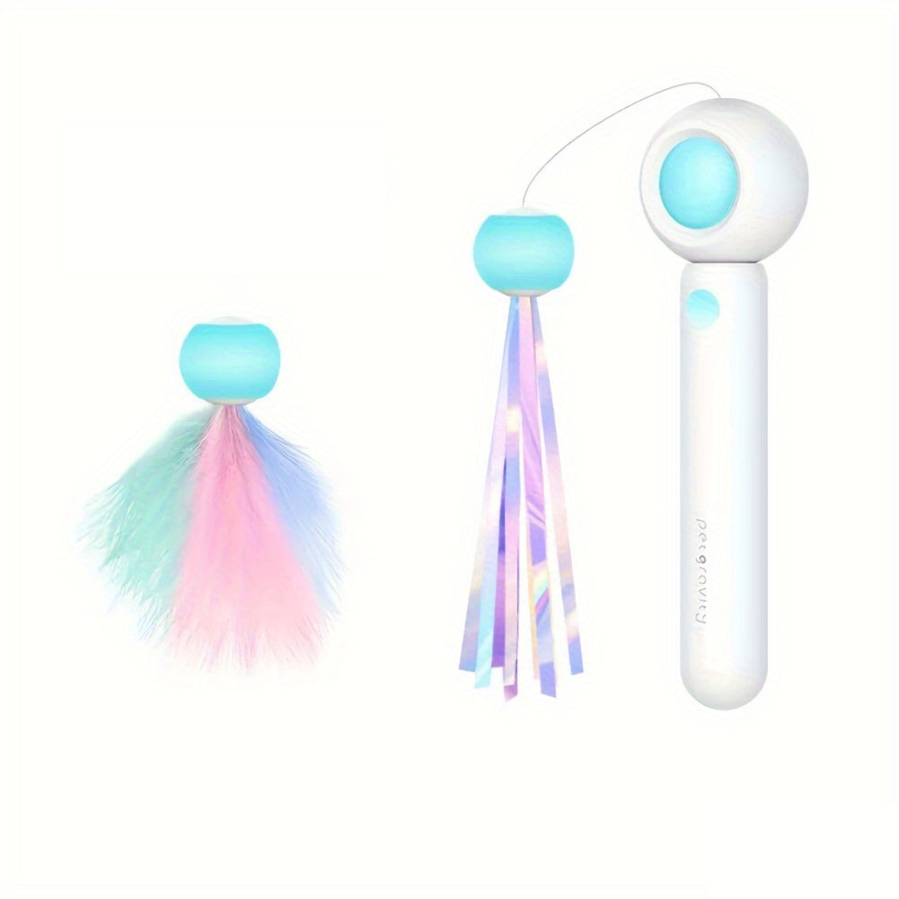 Wefulfil retractable cat wand toy with pastel feather attachment and iridescent ribbon tassel