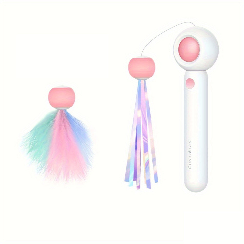 Wefulfil retractable cat wand toy with white pink handle and two pastel feather and ribbon attachments