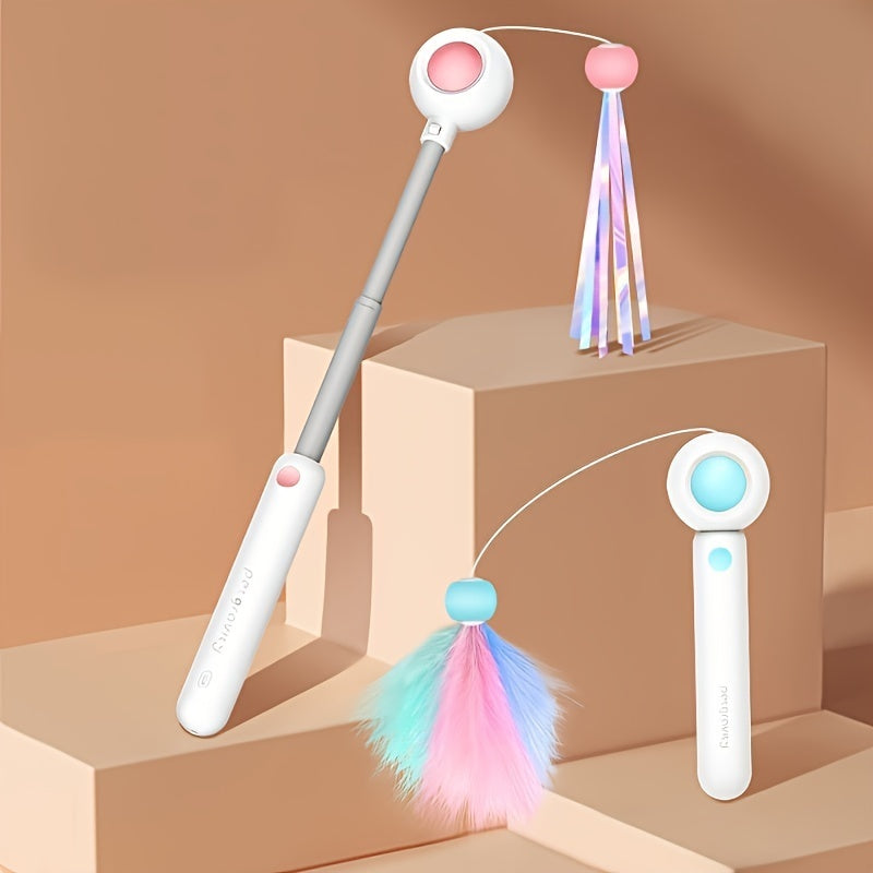Wefulfil retractable cat wand toy set with pastel feather and holographic tassel in white handles