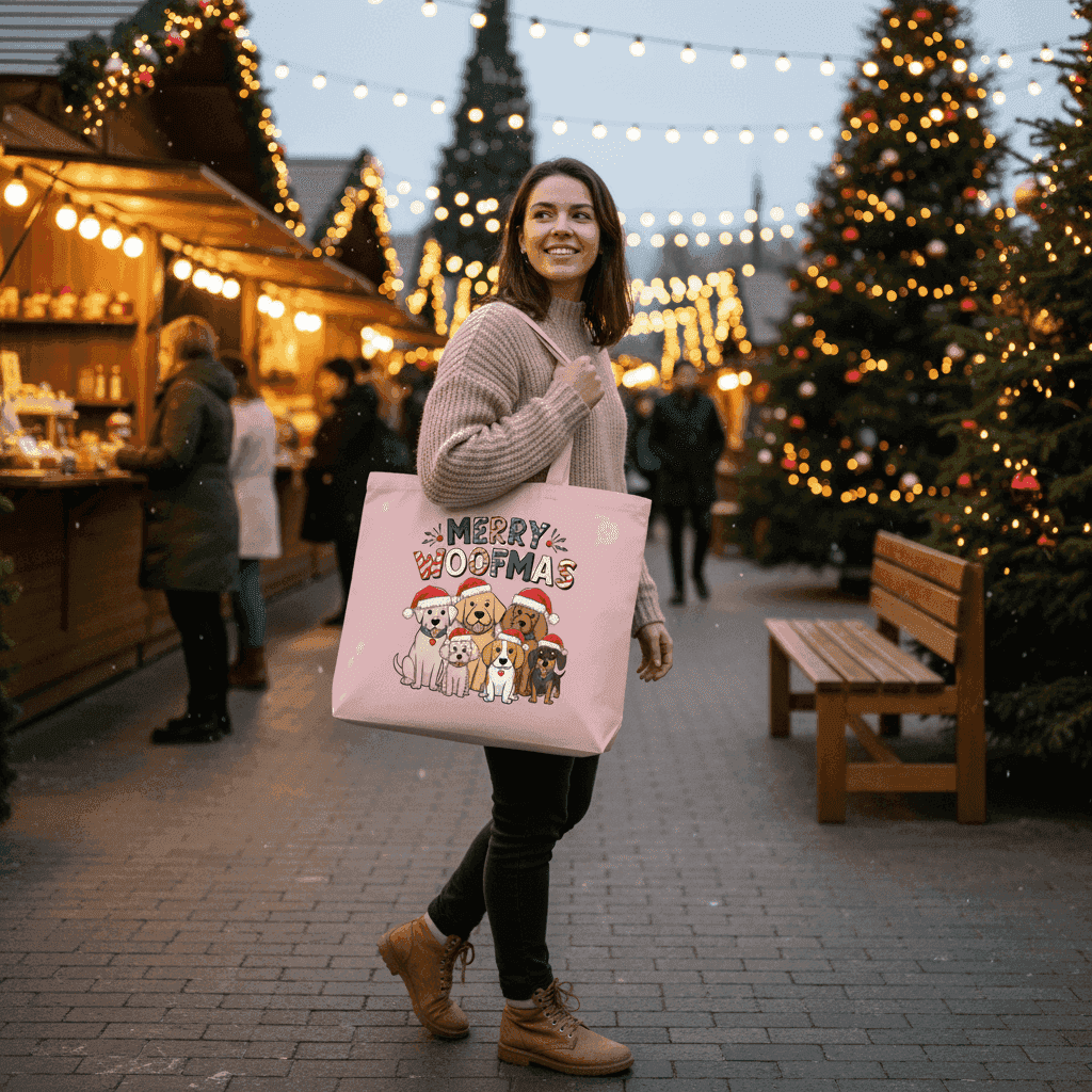 Merry Woofmas Holiday Tote with Festive Dogs - Canvas Gift Bag - Purrfect Pet Haven