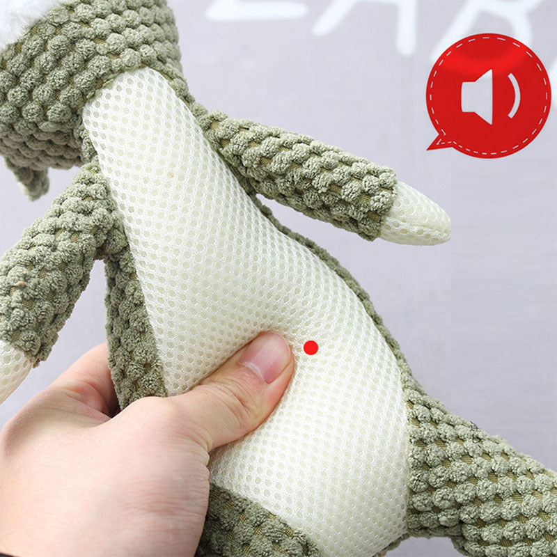 Plush Cartoon Animal Dog squeaky textured green plush with mesh belly being squeezed by hand