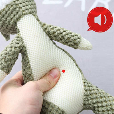 Plush Cartoon Animal Dog squeaky textured green plush with mesh belly being squeezed by hand