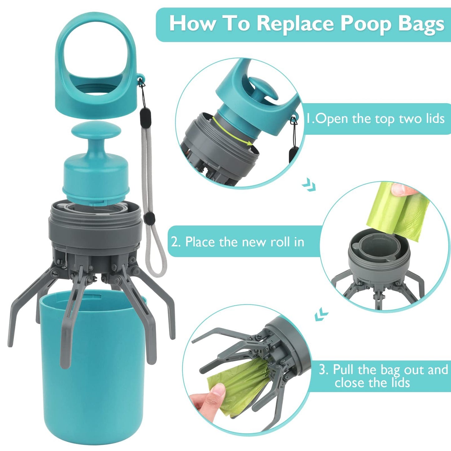 Wefulfil Portable Dog Poop Scooper in blue with easy poop bag replacement instructions