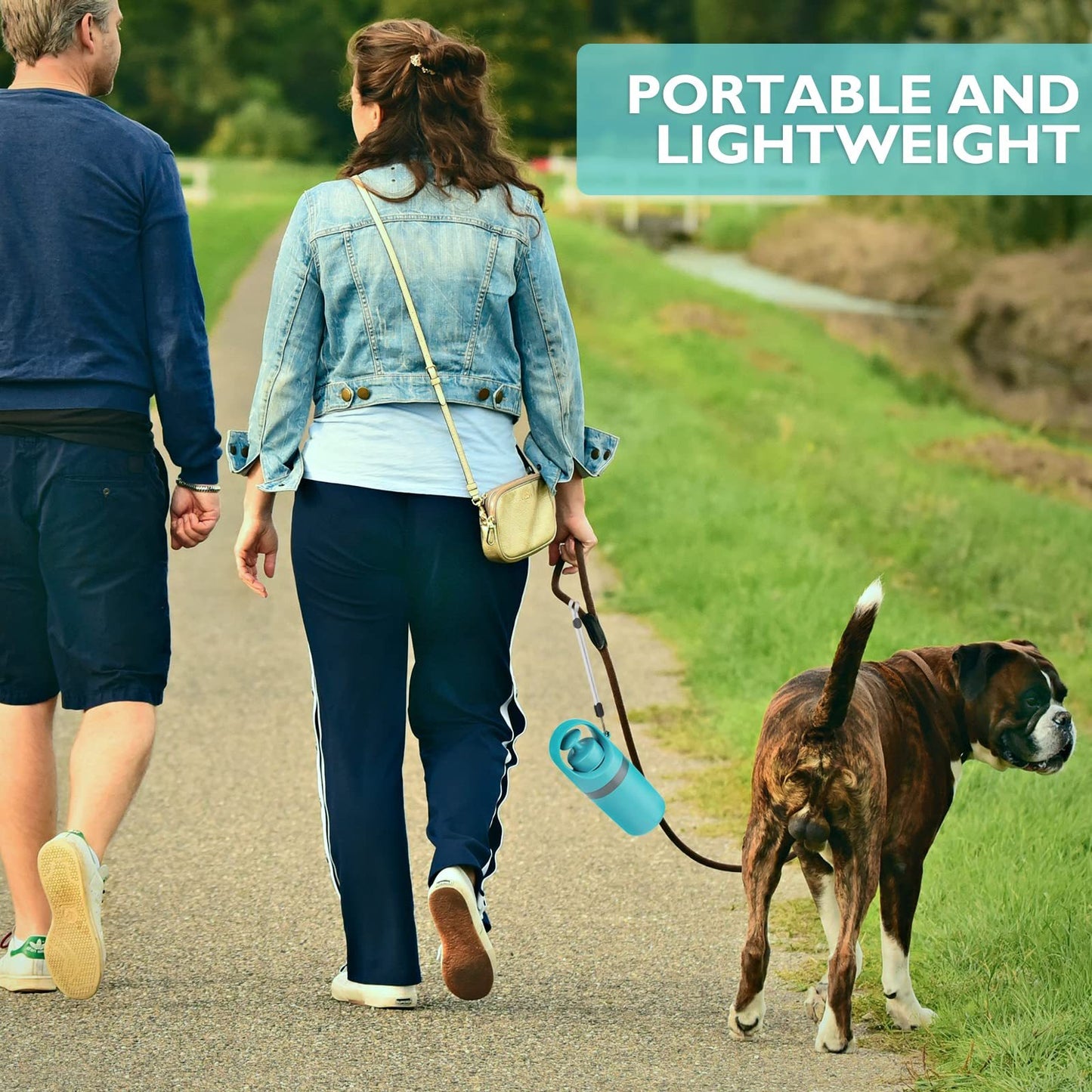 Wefulfil Portable Dog Poop Scooper attached to leash with couple walking dog outdoors