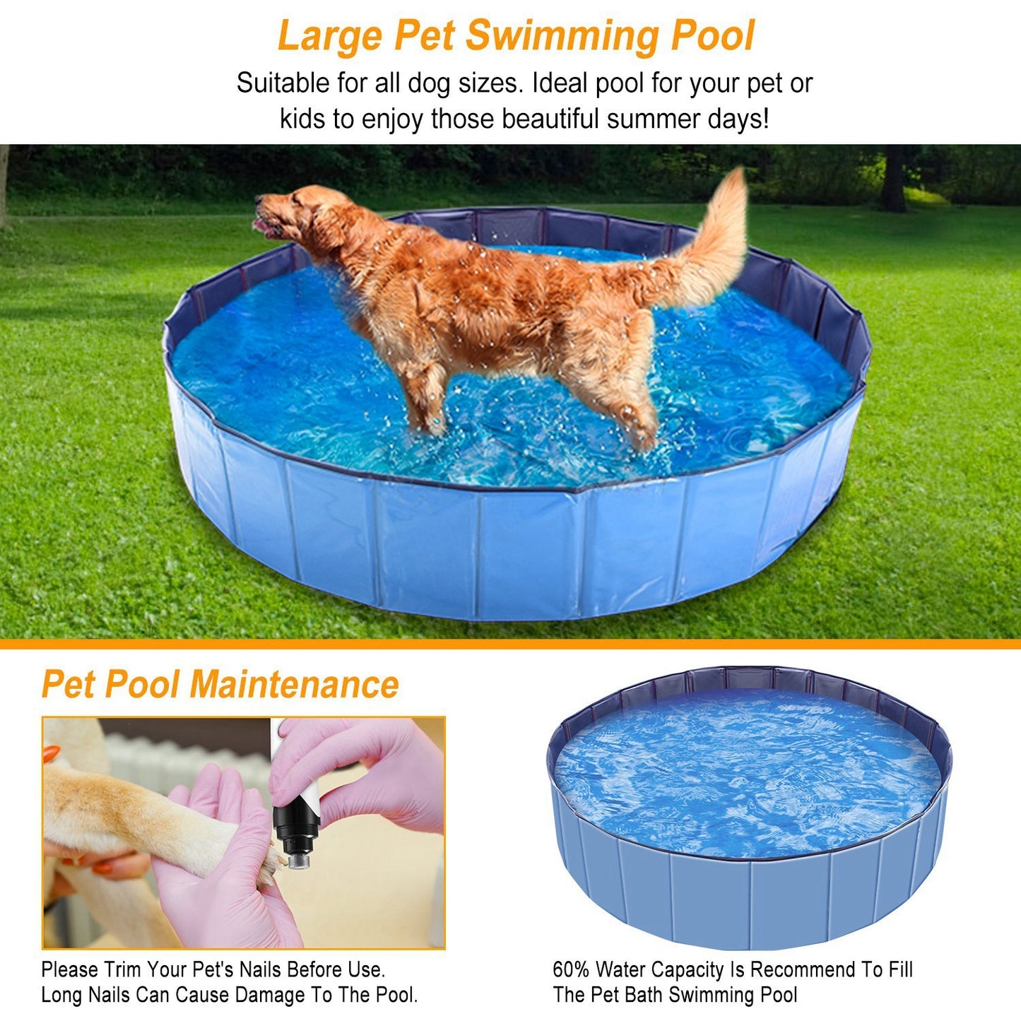 Wefulfil Portable Foldable Dog Pool large blue pet swimming pool with a dog standing inside on grass