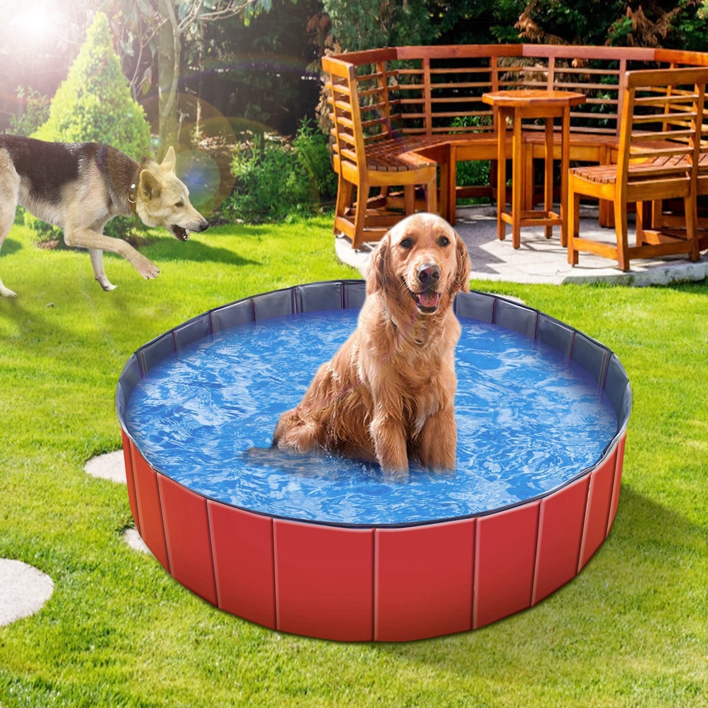 Wefulfil Portable Foldable Dog Pool with golden retriever sitting inside on green grass outdoors