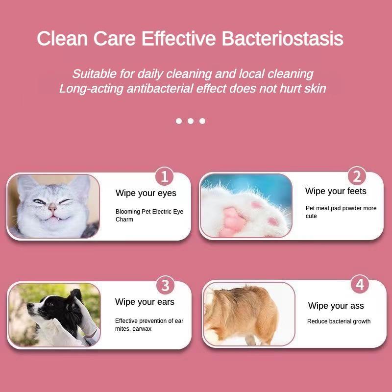 Wefulfil Safe Cleaning Care Pet antibacterial wipes showing use on cat and dog eyes feet ears and rear
