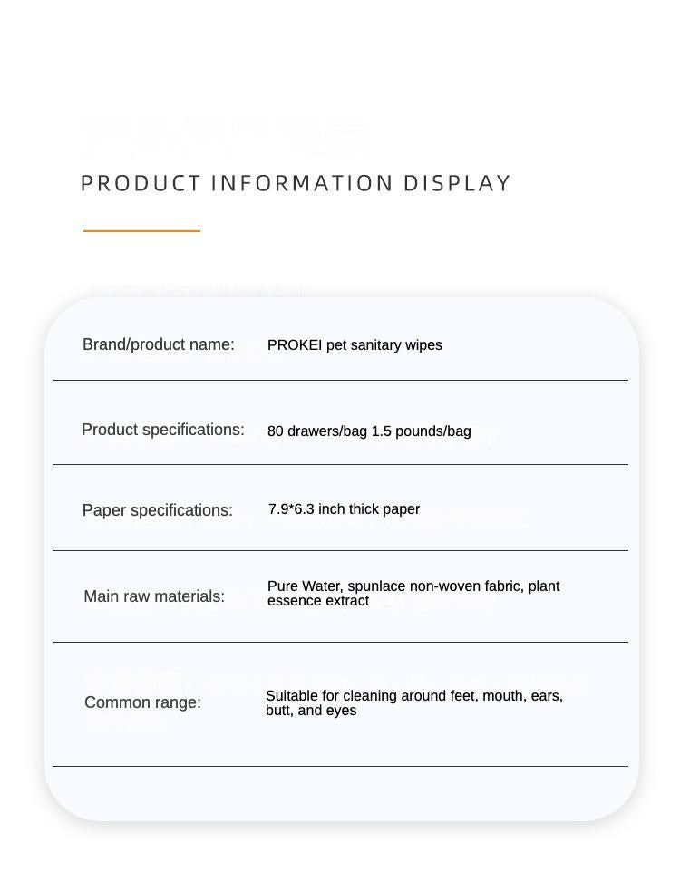 Wefulfil PROKEI pet sanitary wipes product information card showing materials specs uses Safe Cleaning Care Pet