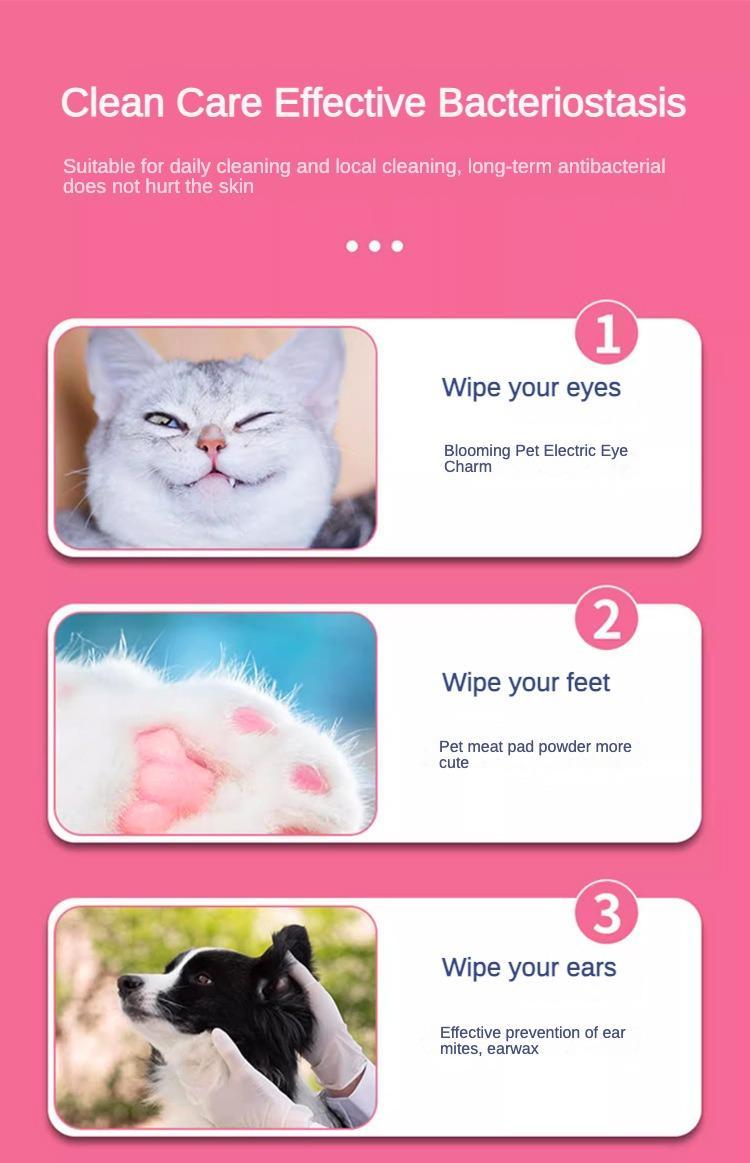 Wefulfil Safe Cleaning Care Pet infographic showing cat eye wipe cat paw foot wipe and dog ear wipe on pink background