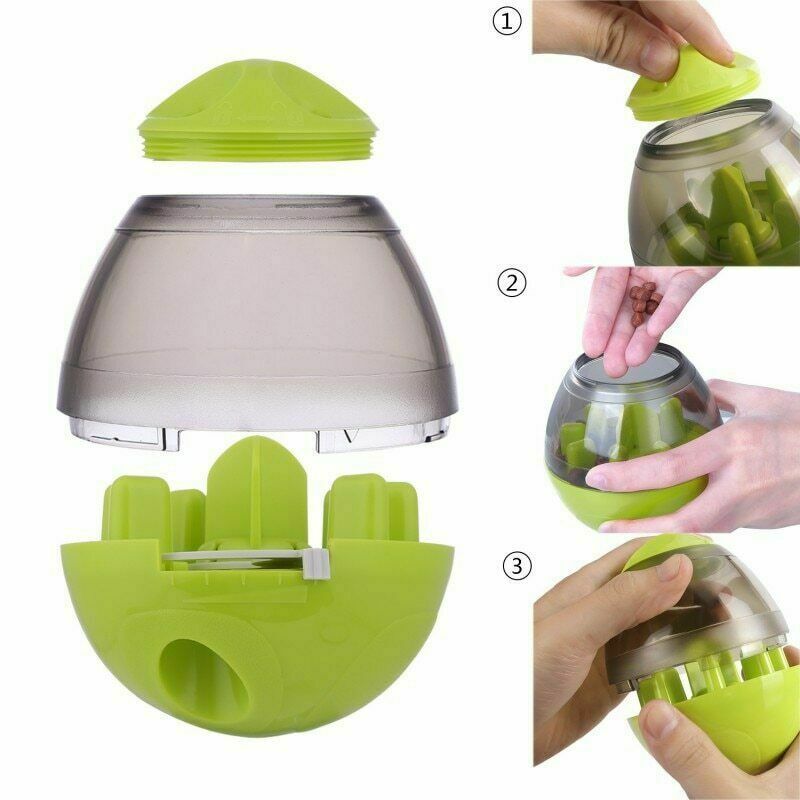 Wefulfil Puppy Feeder Dispenser Bowl in green and gray showing parts and how to fill with treats