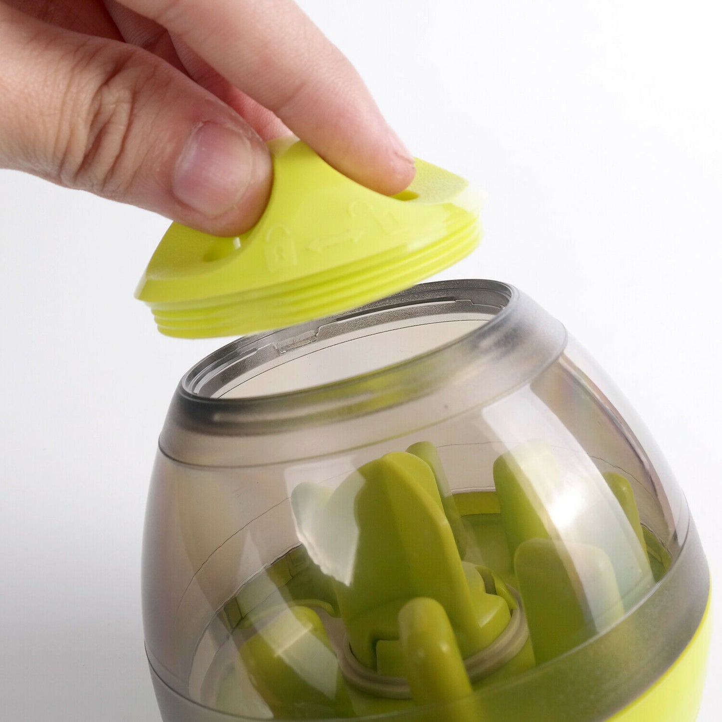 Wefulfil Puppy Feeder Dispenser Bowl with green lid being removed to show interior design