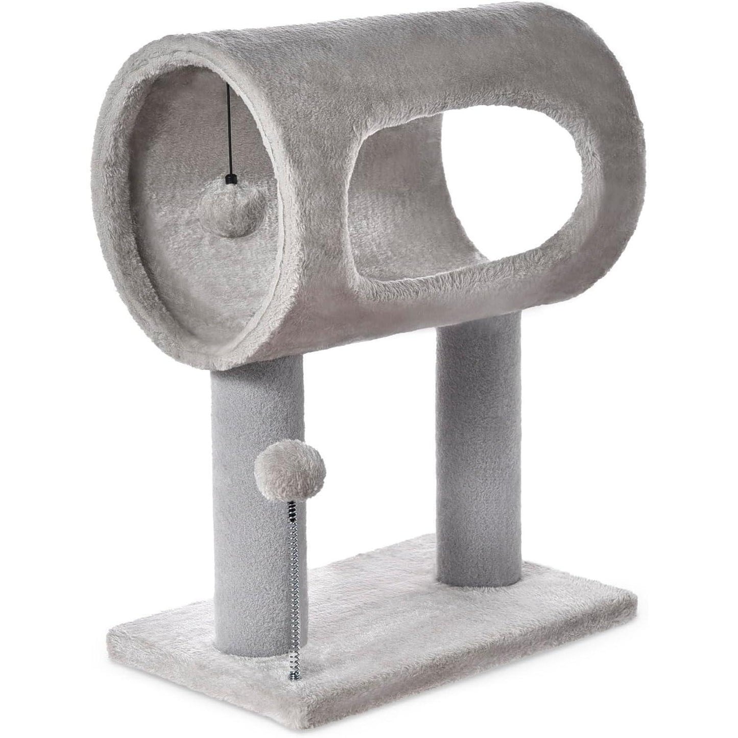 Wefulfil gray indoor cat tree with elevated tunnel perch two posts and dangling pom poms for play