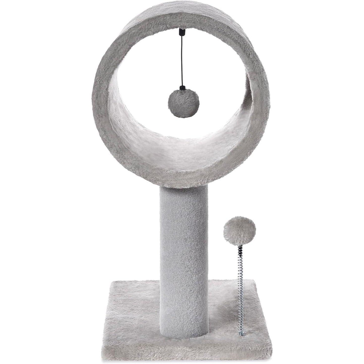 Wefulfil gray indoor cat tree with circular tunnel perch scratching post and dangling pompom toy on base