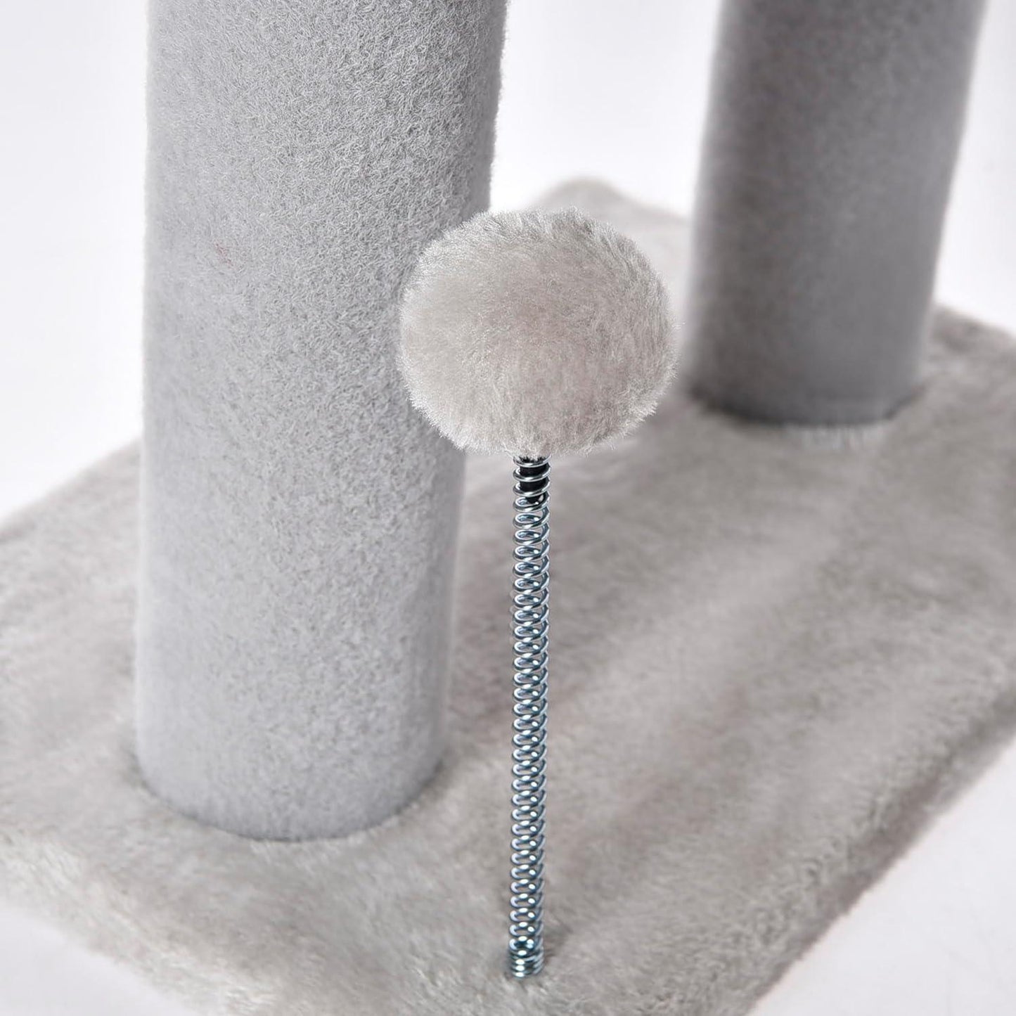 Wefulfil gray indoor cat tree with plush base, two carpeted posts and spring mounted pom pom toy
