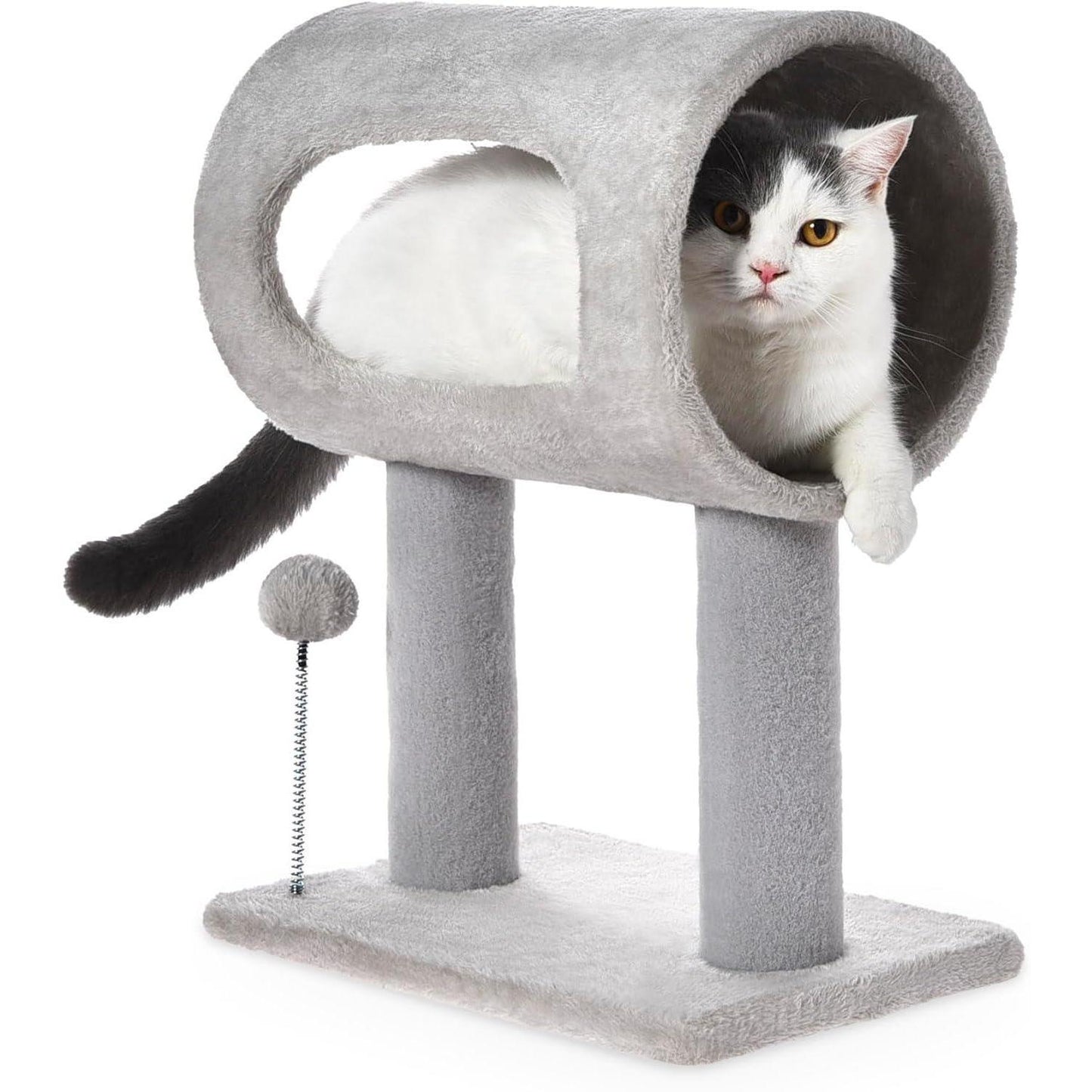 Wefulfil gray indoor cat tree tunnel perch with two posts stable base and dangling spring ball toy with cat inside