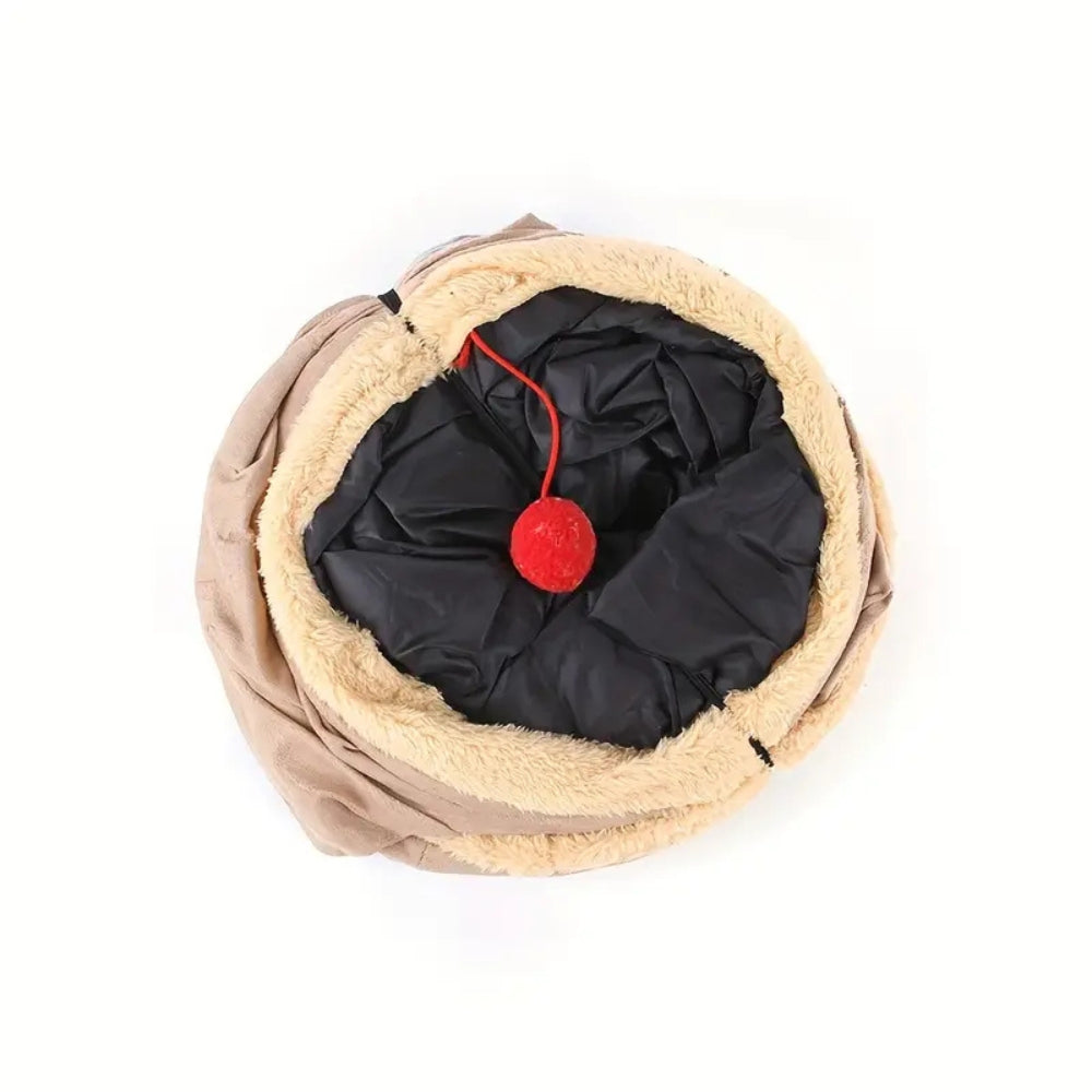 Purrfect Pet Haven collapsible cat tunnel beige faux fur with black liner and red pom pom toy