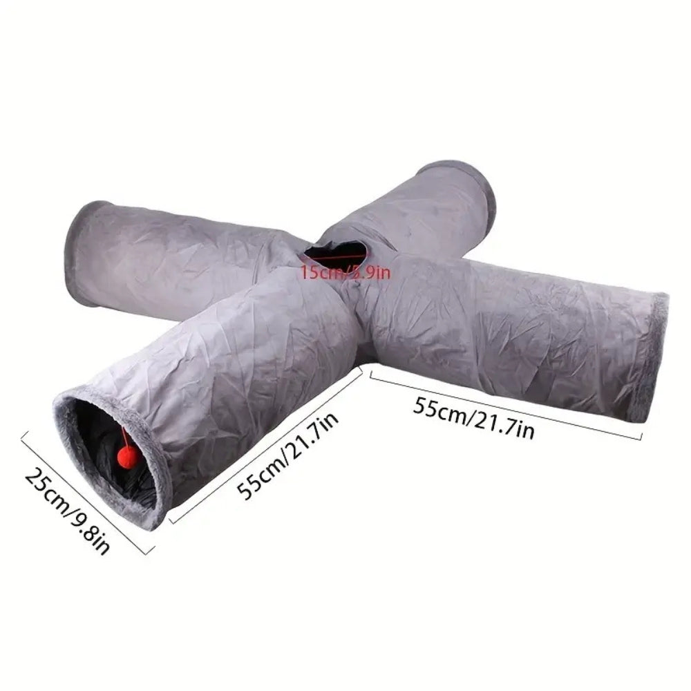 Purrfect Pet Haven gray four way collapsible cat tunnel toy with plush lining and dangling red ball