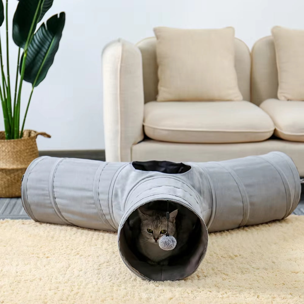 Purrfect Pet Haven gray collapsible cat tunnel T shaped toy with dangling pom pom and tabby cat inside
