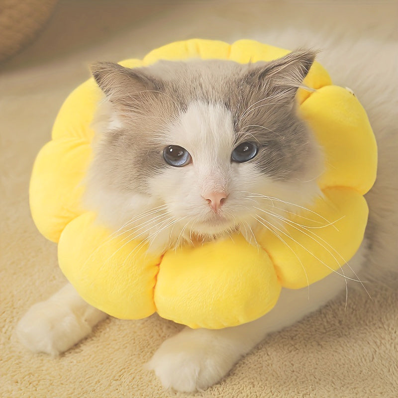 Wefulfil Recovery Neck Cone in soft yellow plush worn by a relaxed cat for wound protection