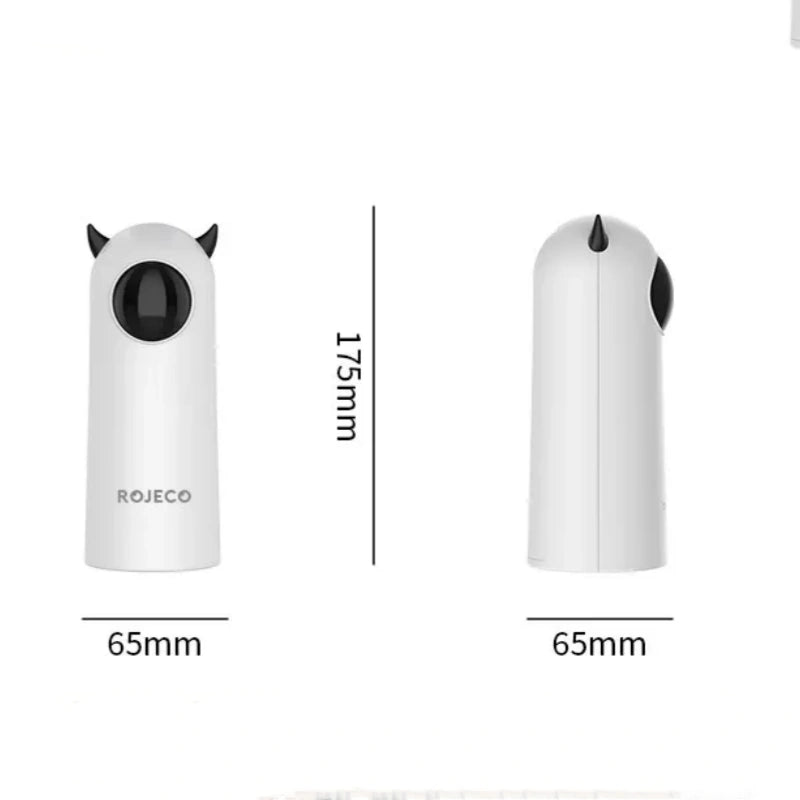 Purrfect Pet Haven automatic white cylinder Laser Cat Toy with black ear accents 175mm tall 65mm wide