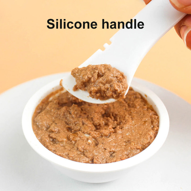 Wefulfil Scoop Spoon Jar Opener with silicone handle scooping pet food from white bowl