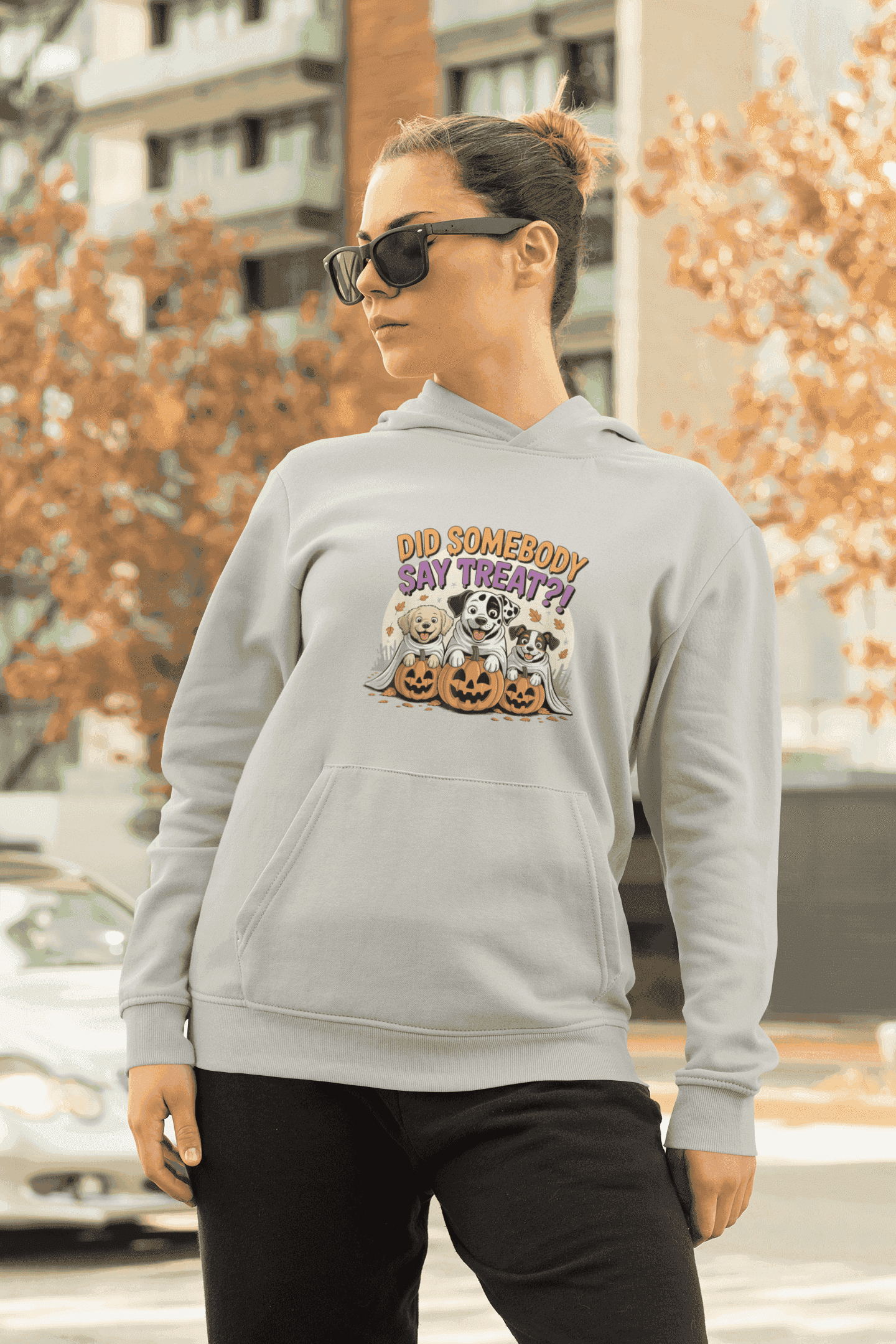 Halloween Dog Sweatshirt light gray hoodie with three dogs and jack o lantern pumpkins printed on front