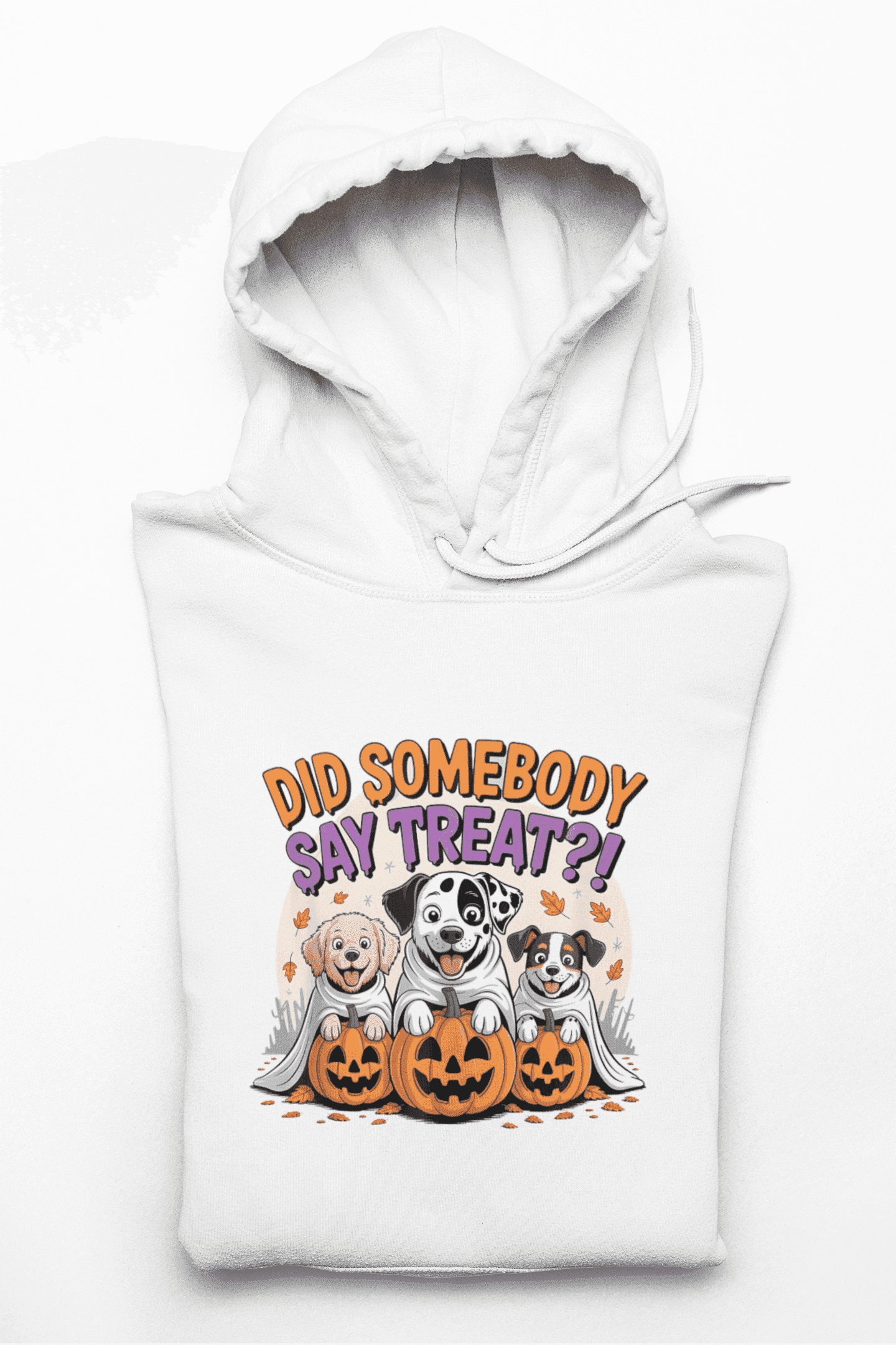 Printify white hoodie with three dogs and carved pumpkins saying Did somebody say treat, Halloween Dog Sweatshirt