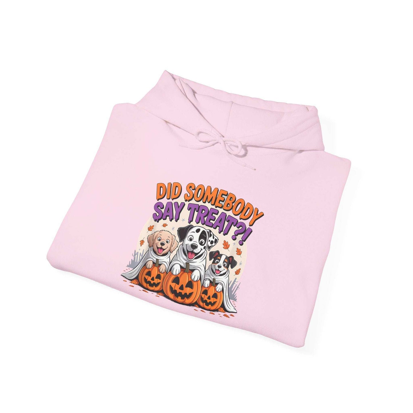 Printify pink hoodie with Halloween Dog Sweatshirt design featuring three cartoon dogs and pumpkins