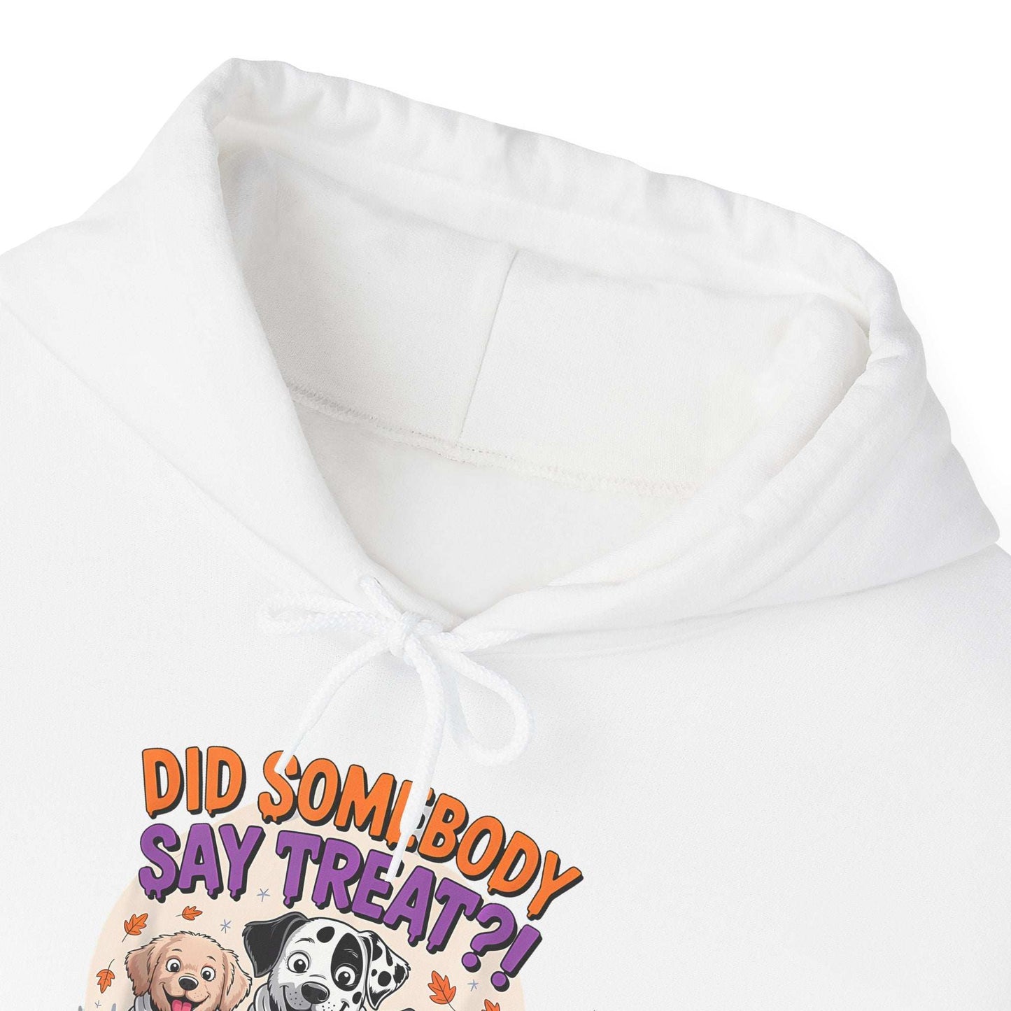 White Printify hoodie with Halloween Dog Sweatshirt design showing cartoon dogs and Did somebody say treat text