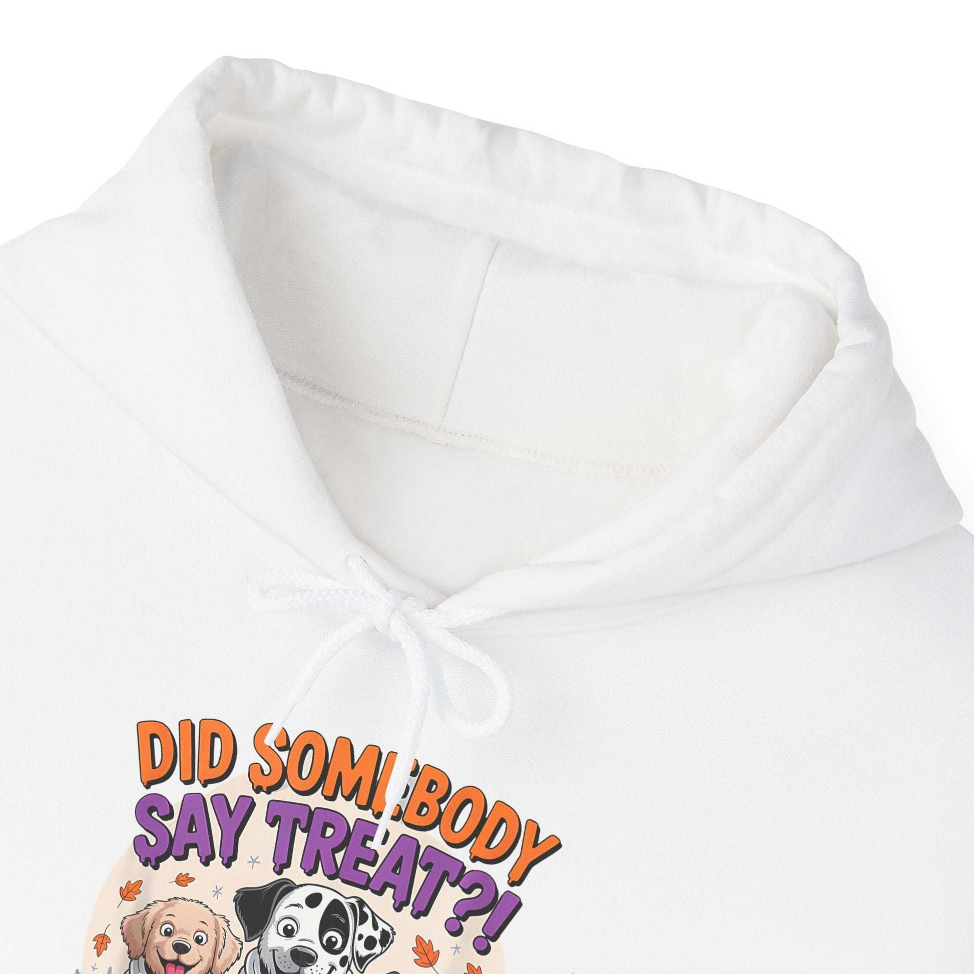 White Printify hoodie with Halloween Dog Sweatshirt design showing cartoon dogs and Did somebody say treat text