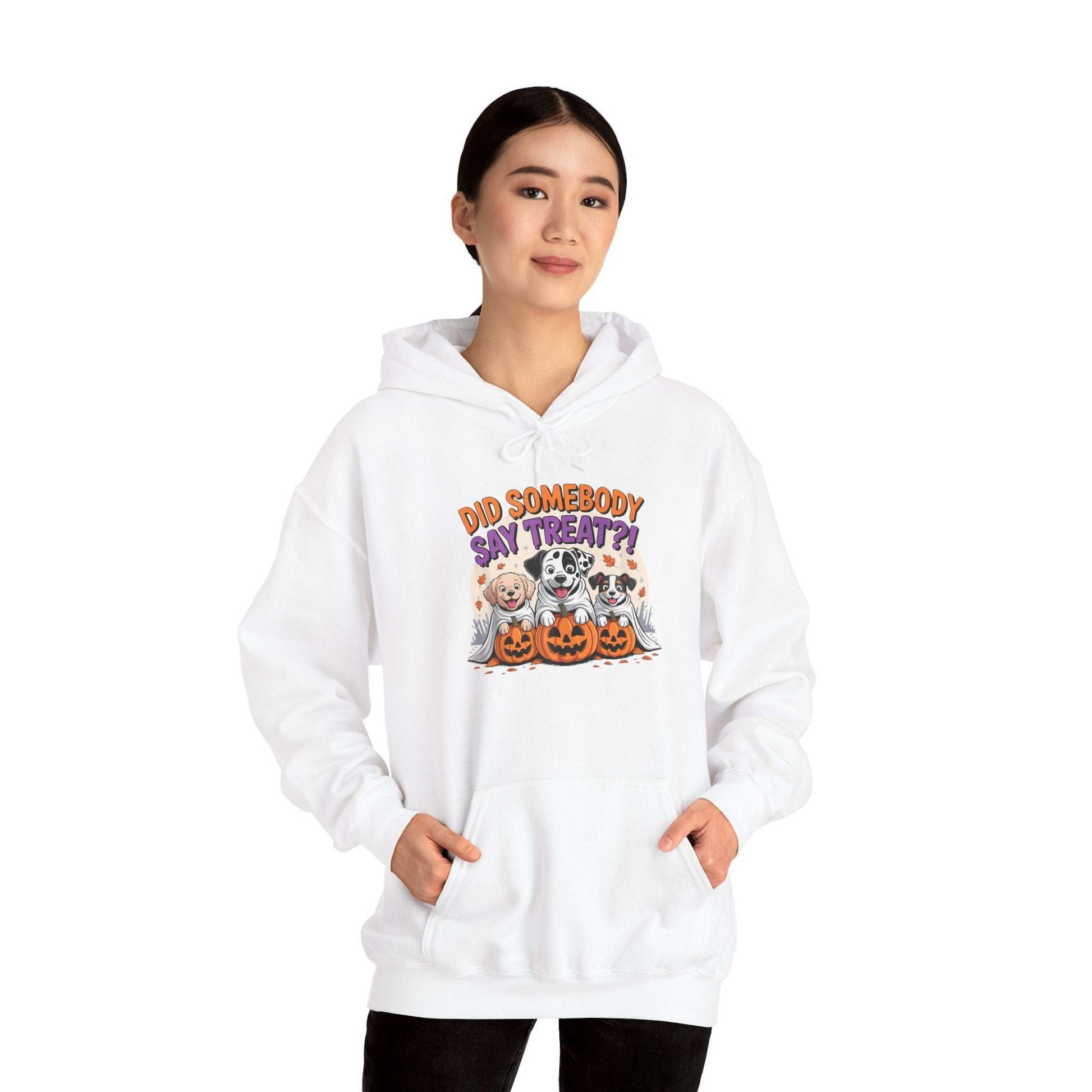 Printify white hoodie featuring three dogs with pumpkins and Did Somebody Say Treat text Halloween Dog Sweatshirt