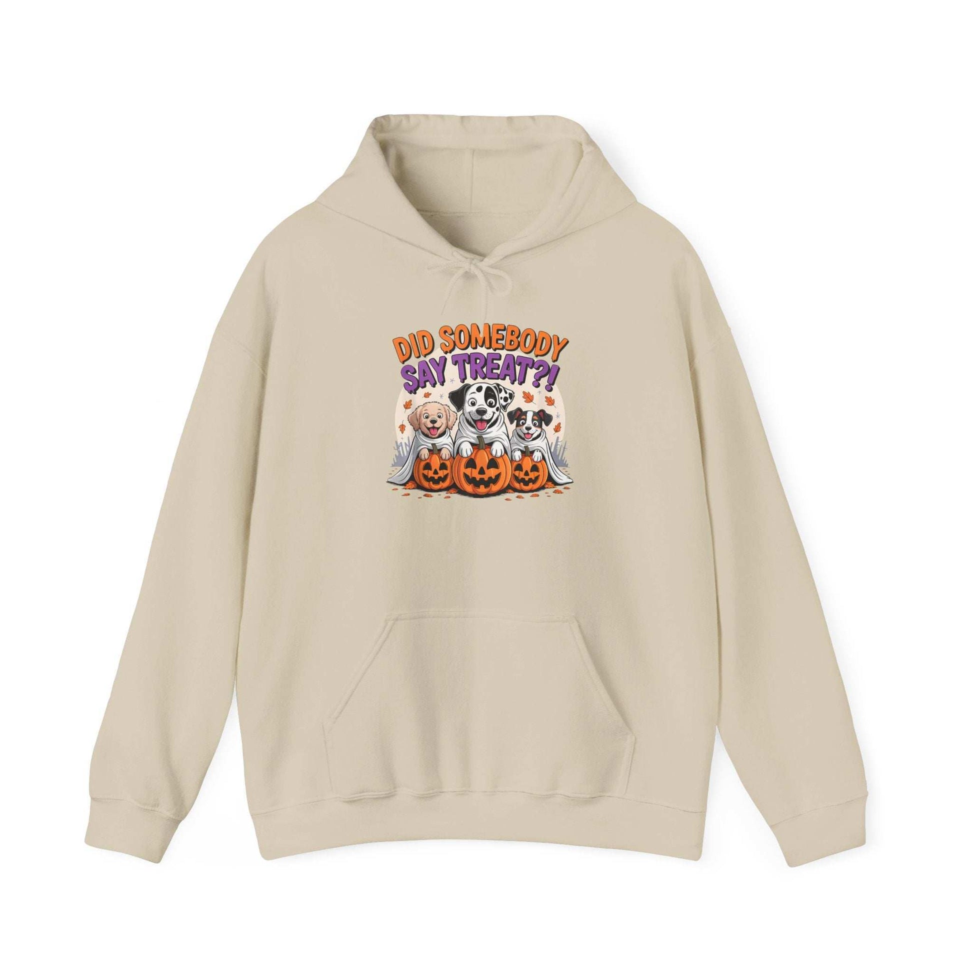 Printify beige hoodie with Halloween Dog Sweatshirt graphic of three dogs jack o lanterns trick or treat text