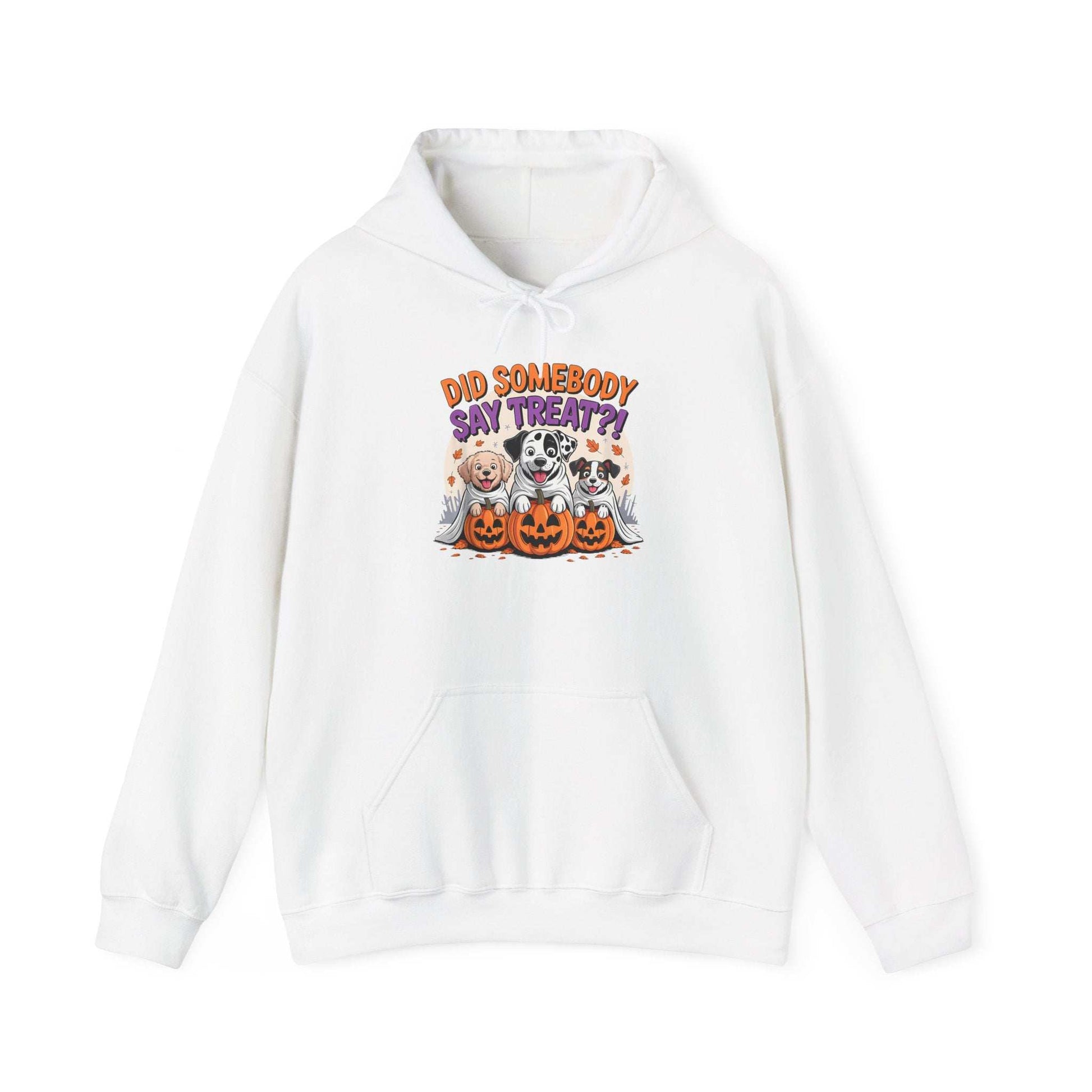 Printify white hoodie featuring Halloween Dog Sweatshirt design with three dogs and jack o lanterns