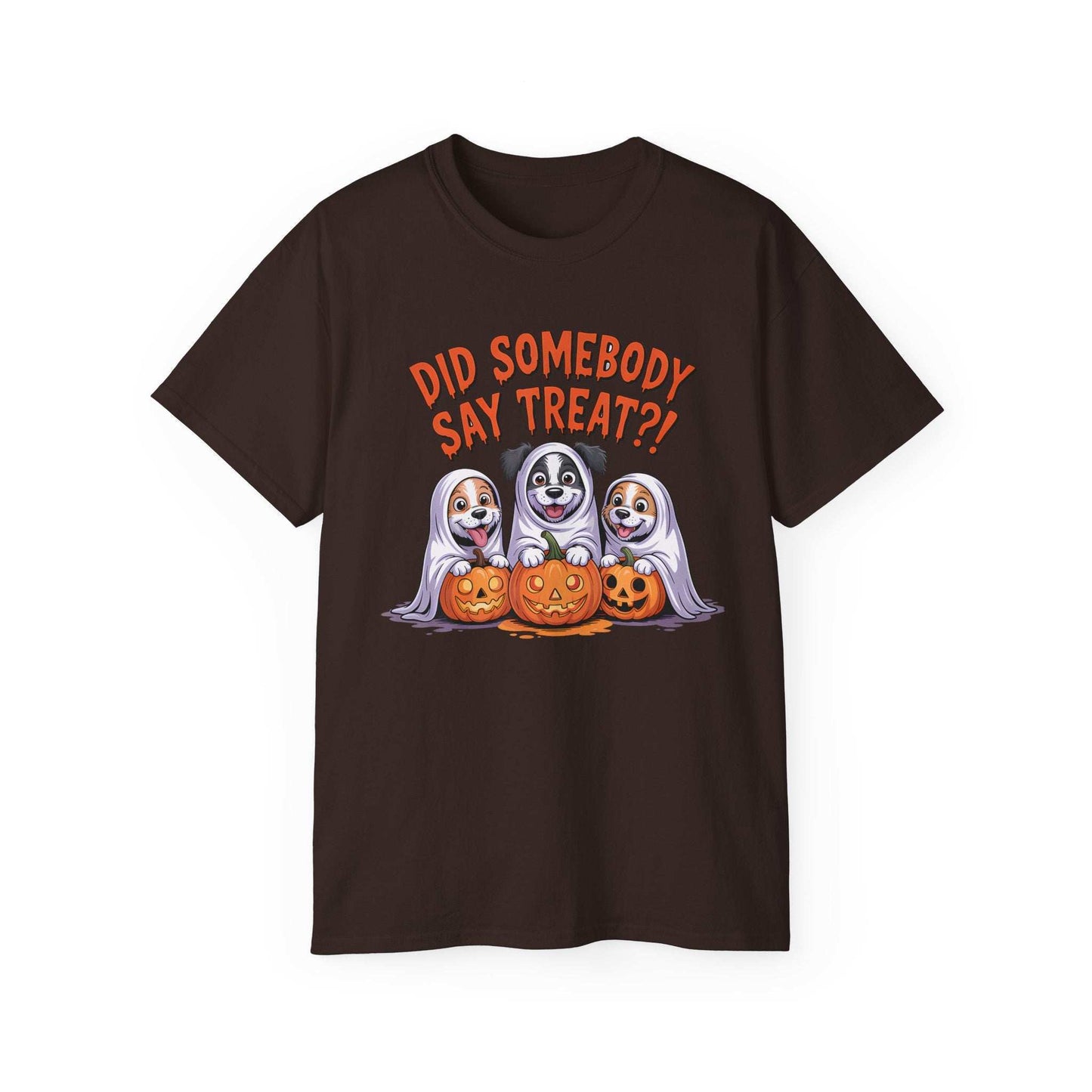 Spooky Halloween Dog Tee brown shirt with three dogs in ghost costumes holding carved pumpkins and Did Somebody Say Treat text