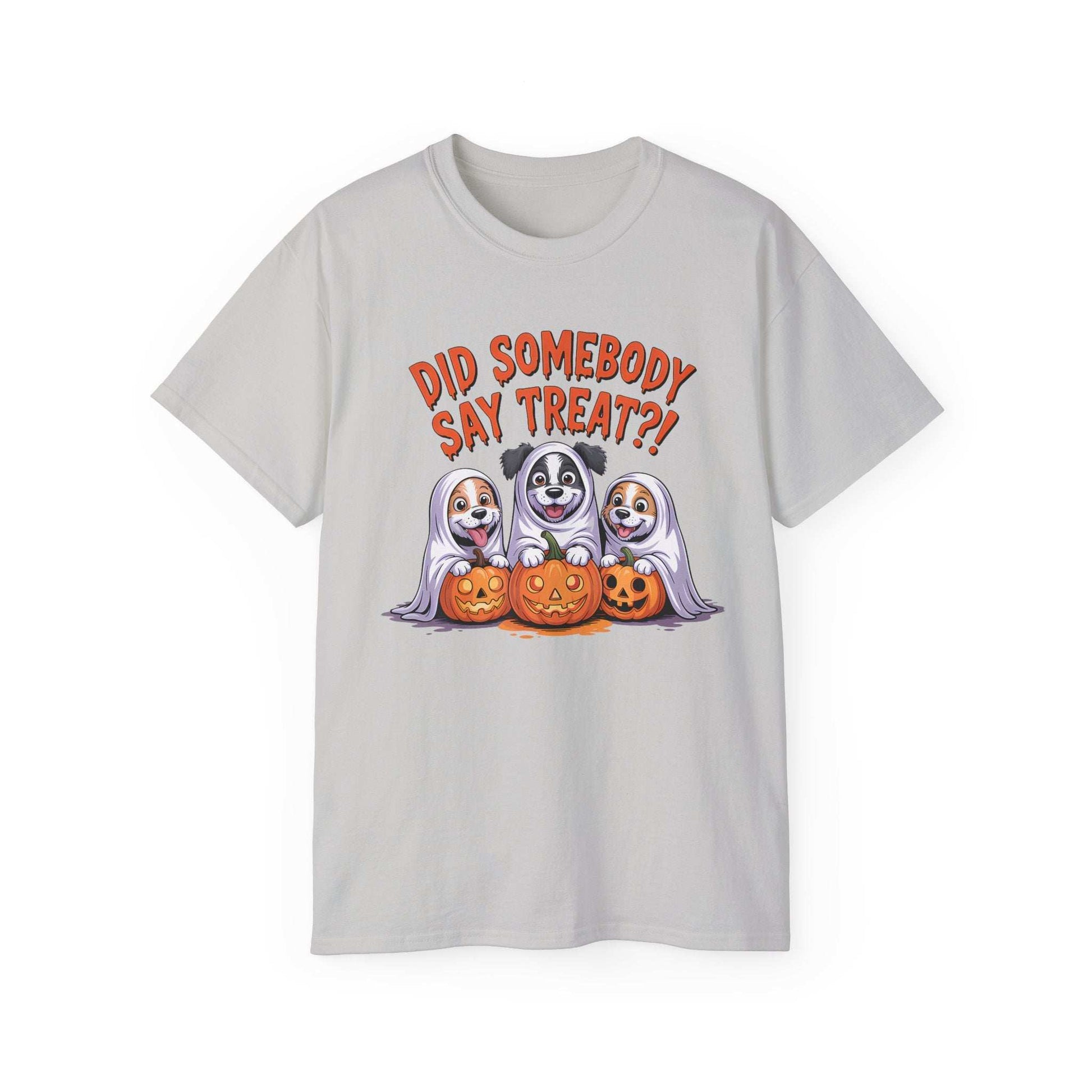 Spooky Halloween Dog Tee white shirt with three dogs in ghost costumes and carved pumpkins for trick or treating