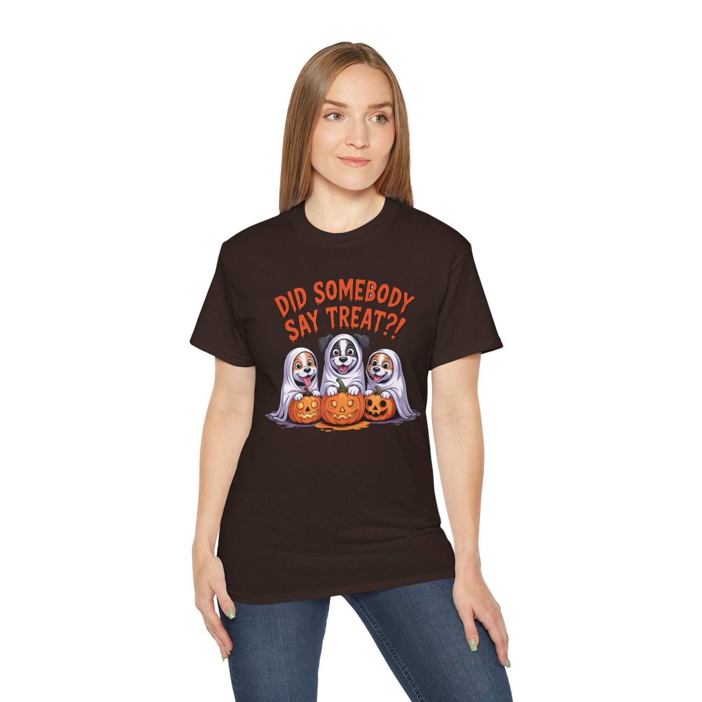 Woman wearing black Spooky Halloween Dog Tee with three dogs as ghosts carved pumpkins and Did Somebody Say Treat text