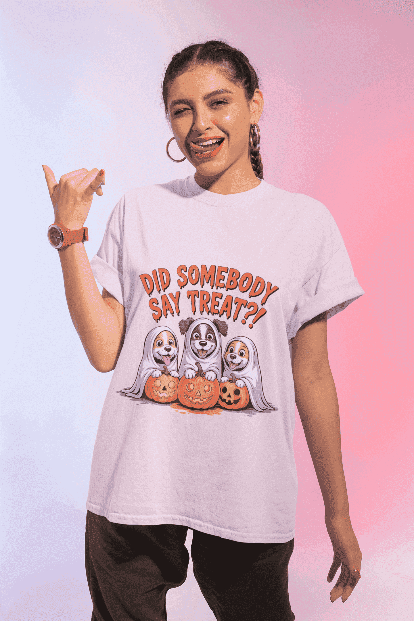 Printify model wearing Spooky Halloween Dog Tee with three ghost dogs and pumpkin jack o lanterns saying Did Somebody Say Treats
