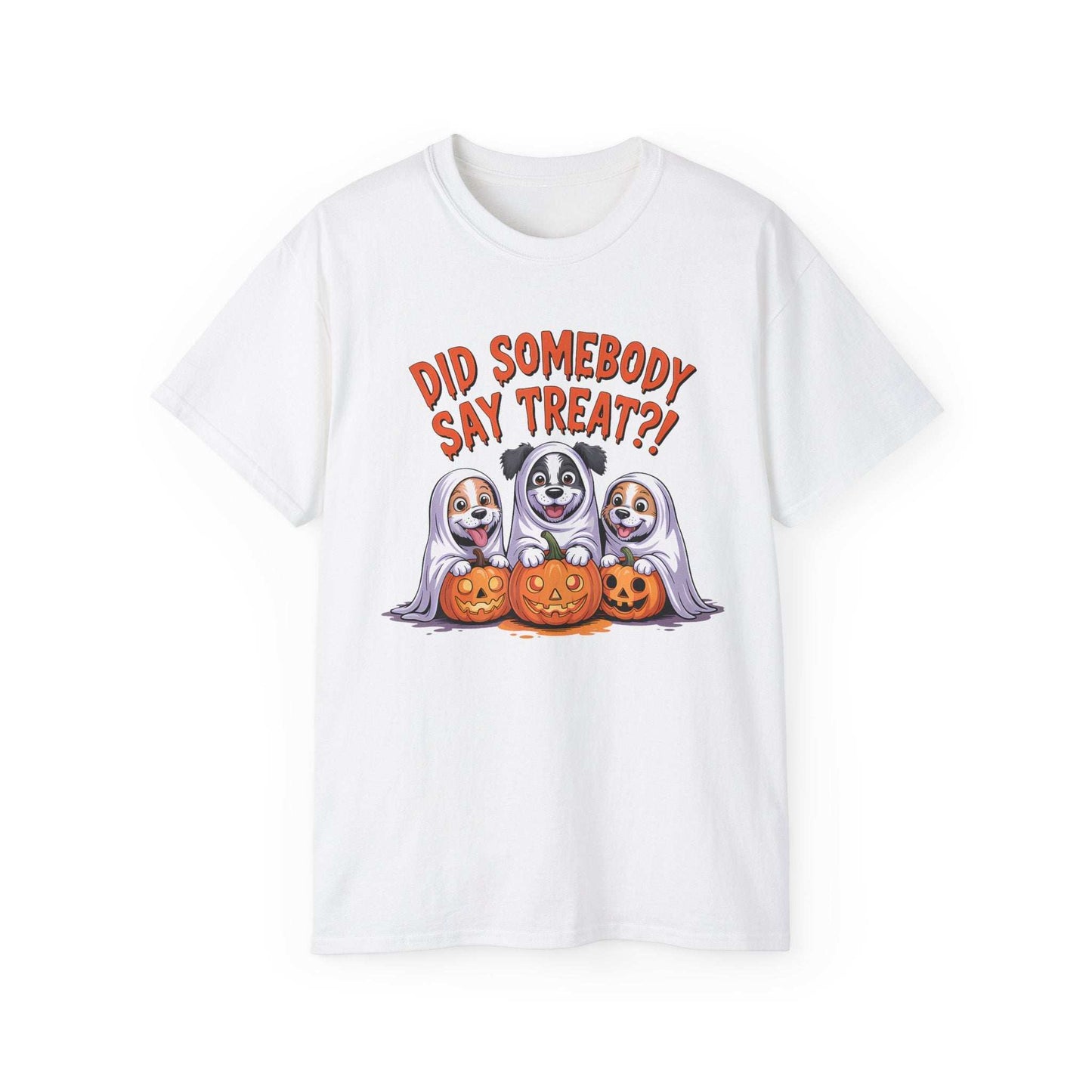White Printify t shirt with three dogs as ghosts and pumpkins Did somebody say treat Spooky Halloween Dog Tee