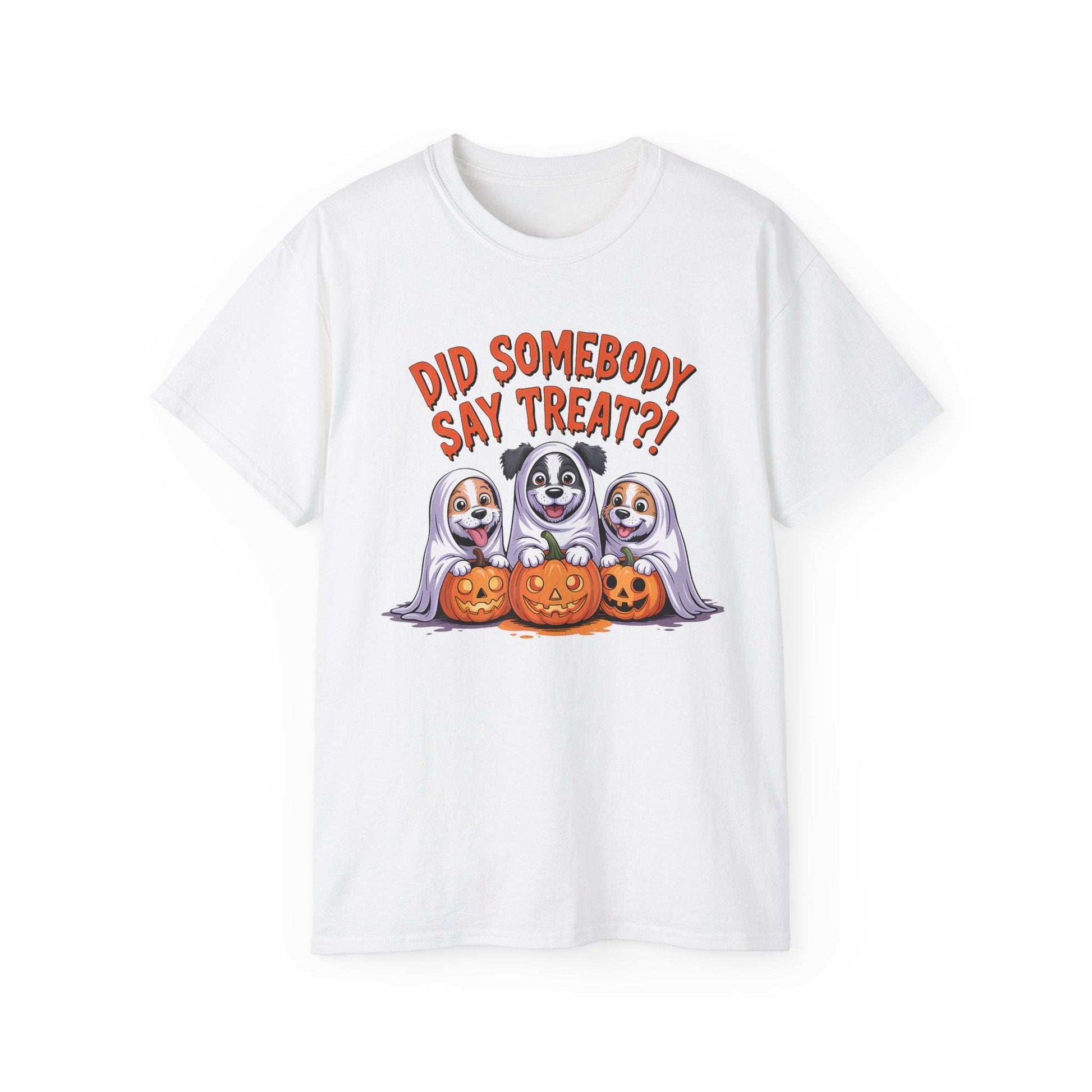 White Printify t shirt with three dogs as ghosts and pumpkins Did somebody say treat Spooky Halloween Dog Tee