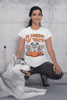 Spooky Halloween Dog Tee worn by smiling woman with husky and cartoon ghost dogs with pumpkins