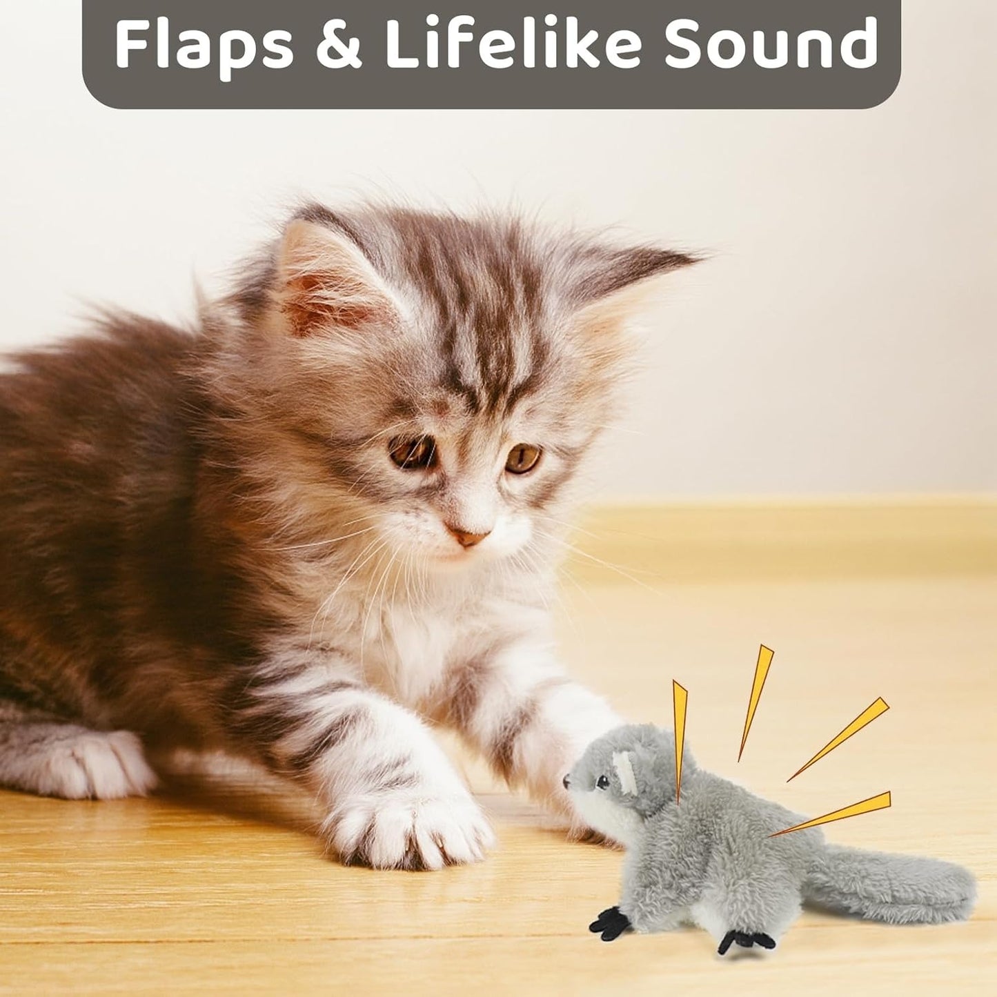 Kitten playing with Wefulfil Squirrel Cat Catnip Toy that features flaps and lifelike sound