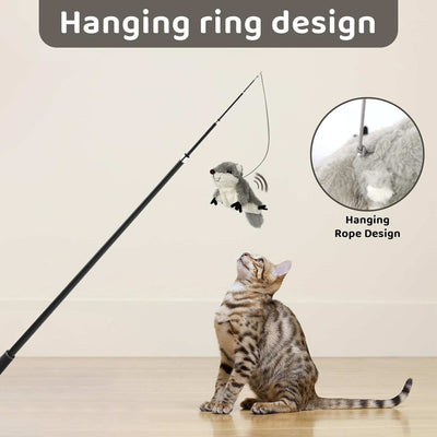 Wefulfil Squirrel Cat Catnip Toy hanging from a rod with a curious cat looking up playing indoors