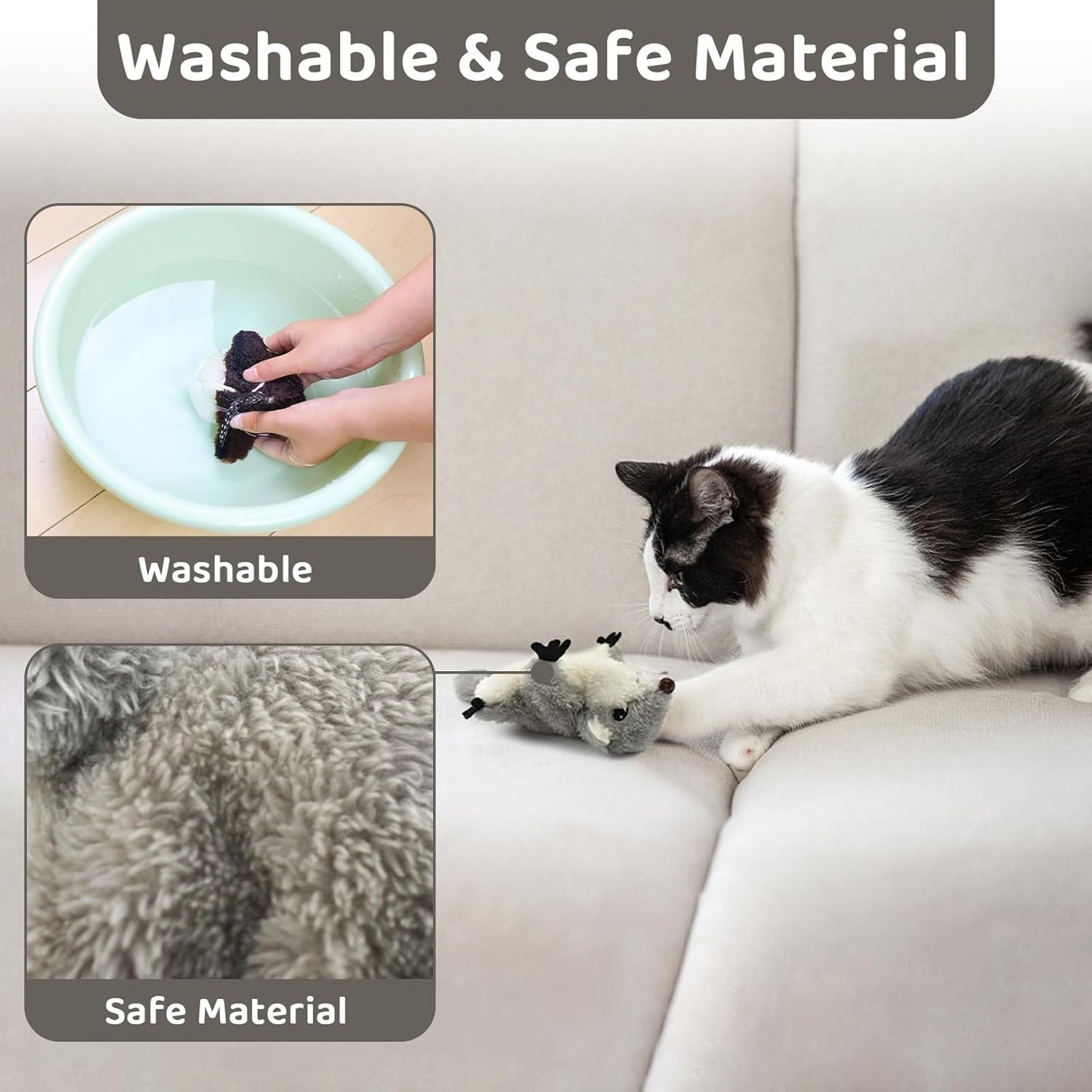 Cat playing with Wefulfil Squirrel Cat Catnip Toy on a couch showcasing washable and safe material features